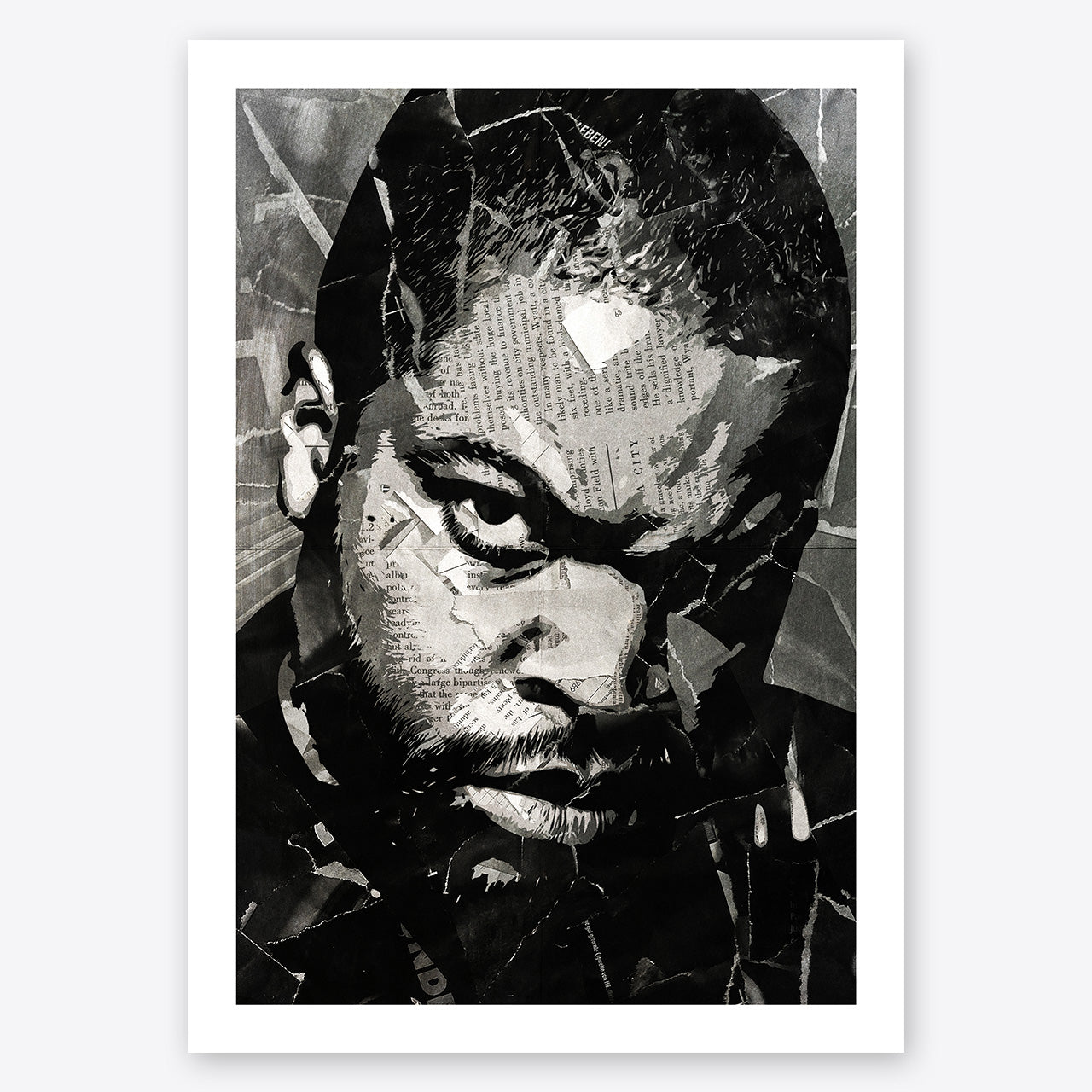 A digital collage portrait of Ice Cube created using ripped up magazines and newspaper. An archival standard quality print from The Building House.