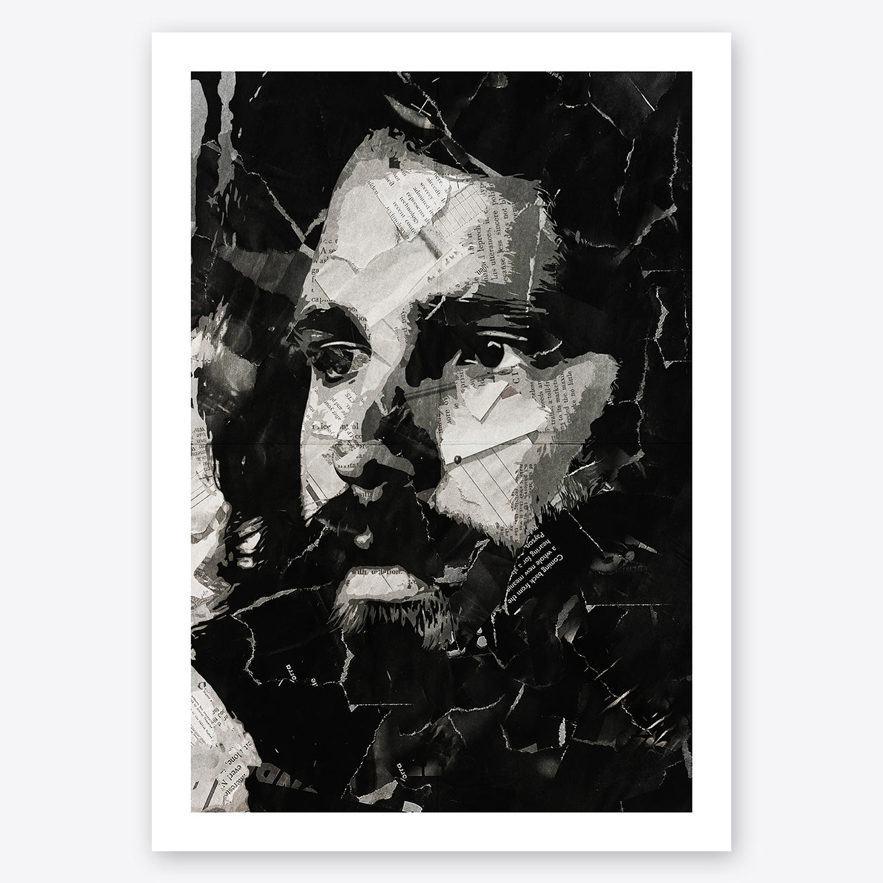 A digital collage portrait of Jim Morrison of the Doors created using ripped up magazines and newspaper. An archival standard quality print from The Building House.