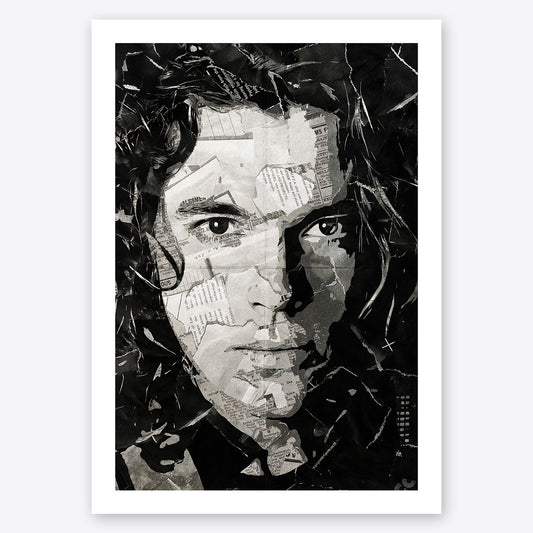 A digital collage portrait of Michael Hutchence of INXS created using ripped up magazines and newspaper. An archival standard quality print from The Building House.