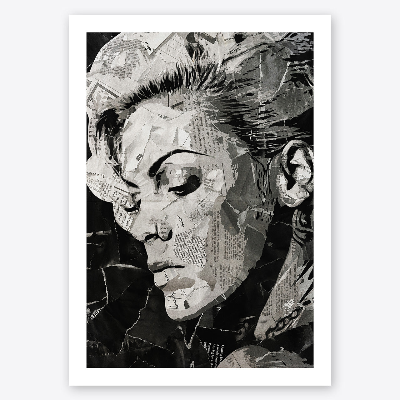 A digital collage portrait of Pink created using ripped up magazines and newspaper. An archival standard quality print from The Building House.