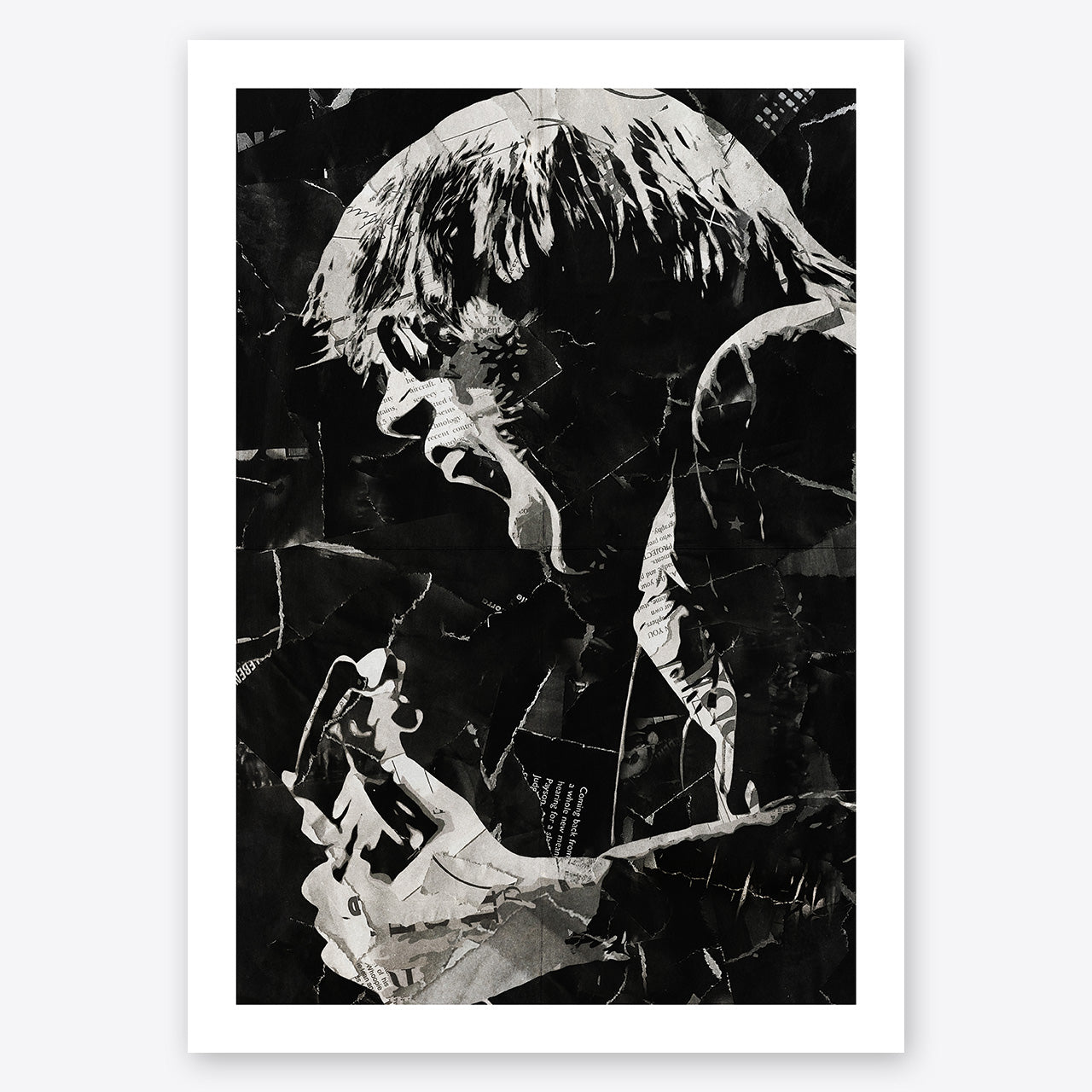 A digital collage portrait of Neil Young created using ripped up magazines and newspaper. An archival standard quality print from The Building House.