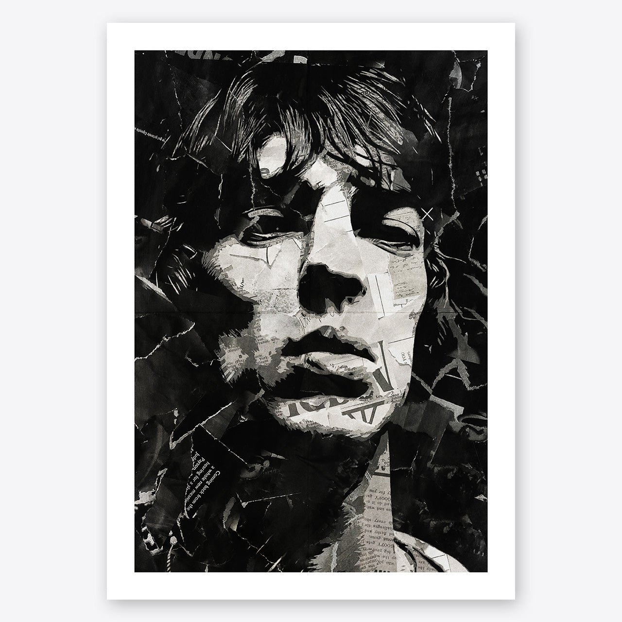 A digital collage portrait of Richard Ashcroft of the Verve created using ripped up magazines and newspaper. An archival standard quality print from The Building House.