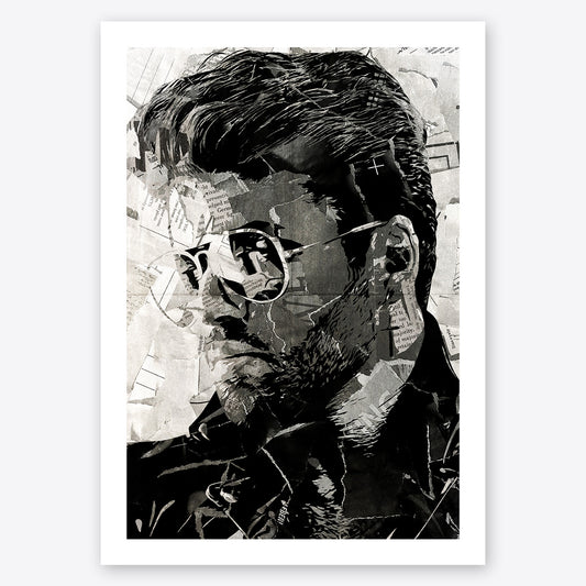 A digital collage portrait of George Michael created using ripped up magazines and newspaper. An archival standard quality print from The Building House.