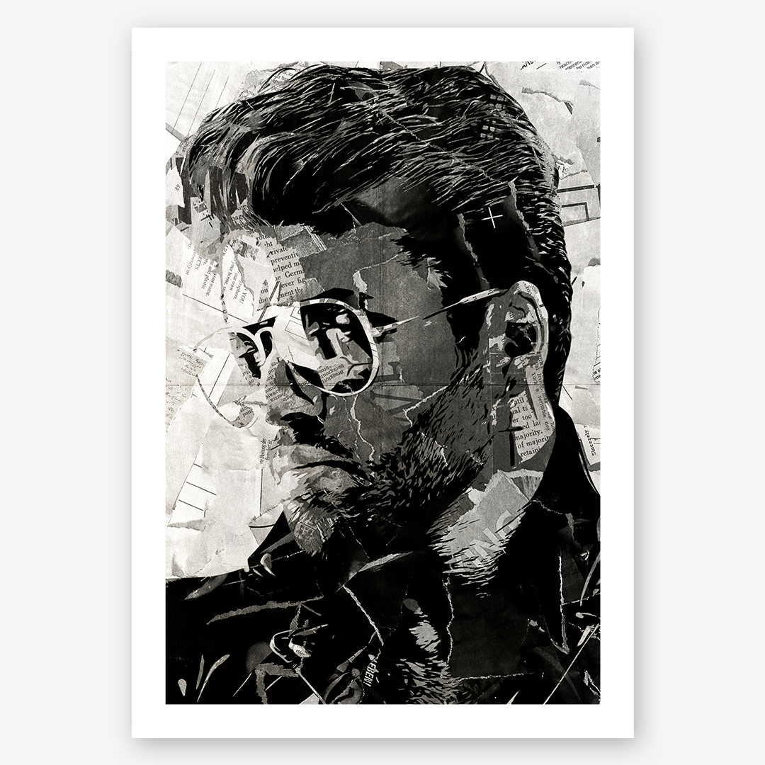 A George Michael poster design - a portrait of George made using a collage of torn pieces of magazine pages in black and white.