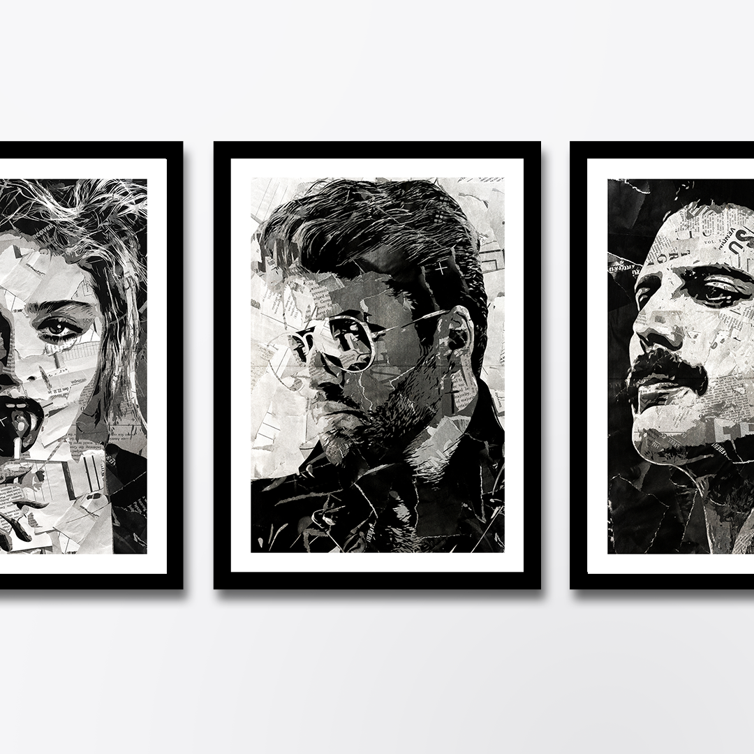 A George Michael poster design - a portrait of George made using a collage of torn pieces of magazine pages in black and white.