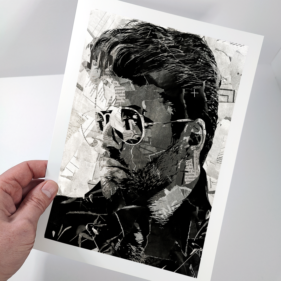 A George Michael poster design - a portrait of George made using a collage of torn pieces of magazine pages in black and white.