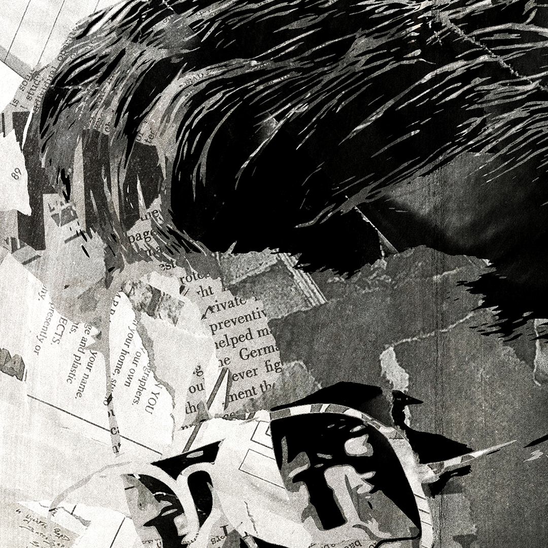 A George Michael poster design - a portrait of George made using a collage of torn pieces of magazine pages in black and white.