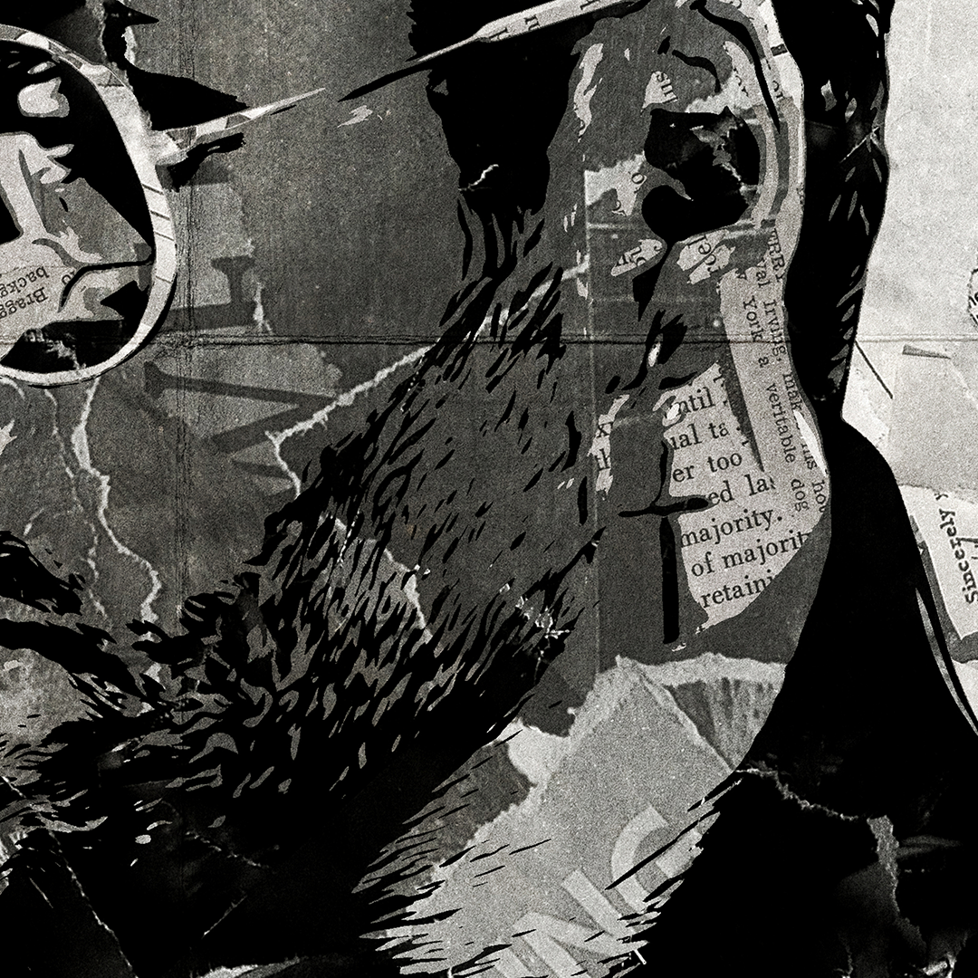 A George Michael poster design - a portrait of George made using a collage of torn pieces of magazine pages in black and white.