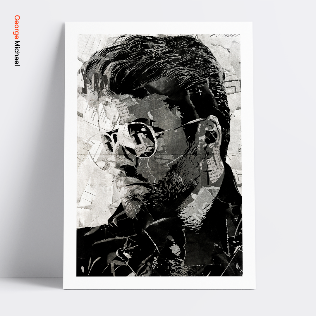 A George Michael poster design - a portrait of George made using a collage of torn pieces of magazine pages in black and white.