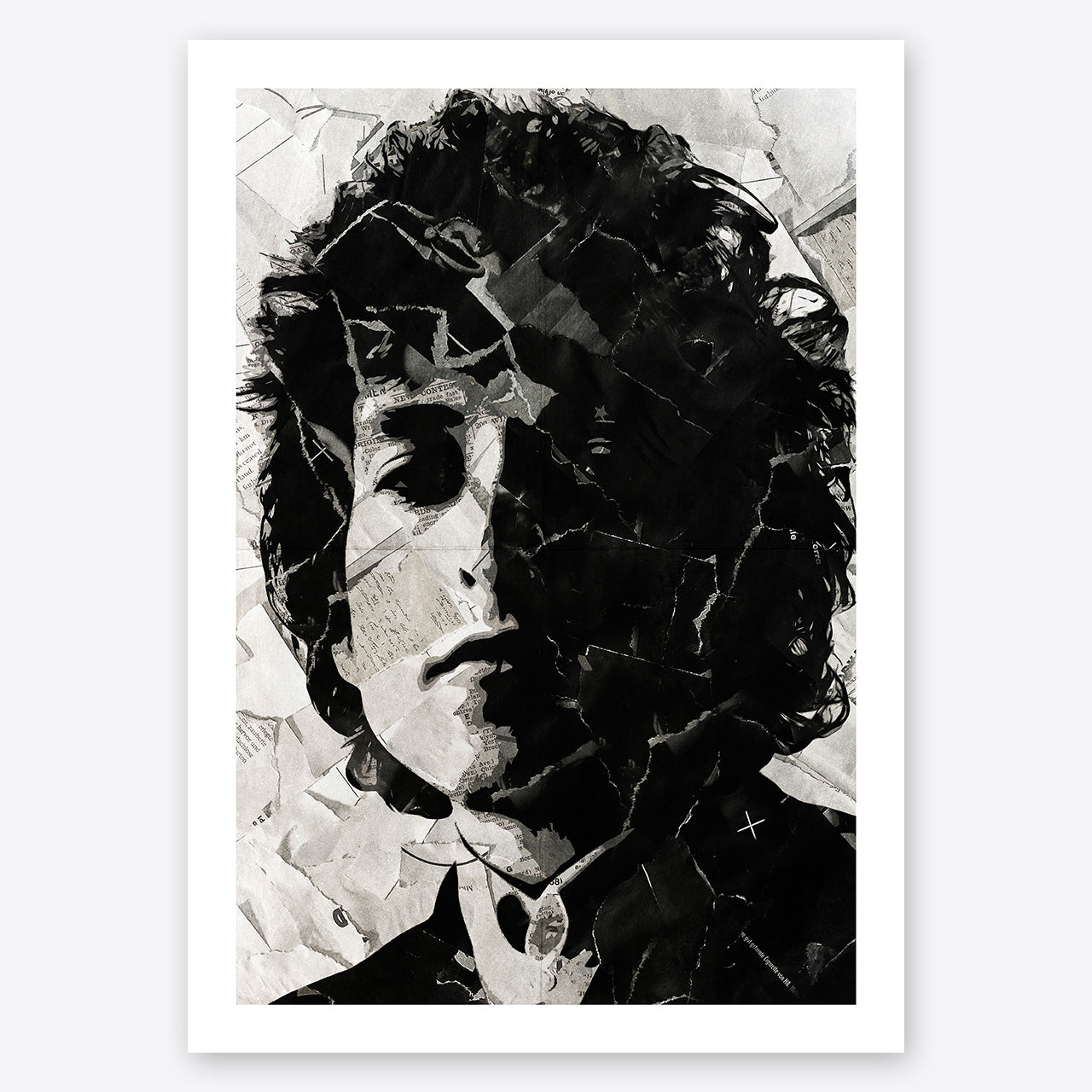 A digital collage portrait of Bob Dylan created using ripped up magazines and newspaper. An archival standard quality print from The Building House.