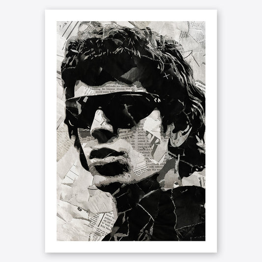 A digital collage portrait of Lou Reed of Velvet Underground created using ripped up magazines and newspaper. An archival standard quality print from The Building House.