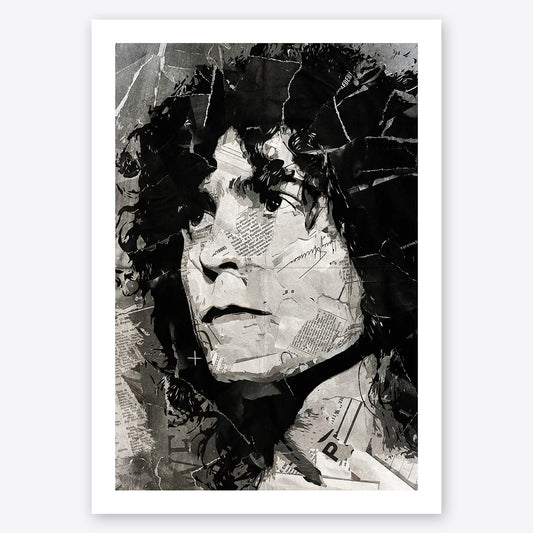 A digital collage portrait of Marc Bolan of T Rex created using ripped up magazines and newspaper. An archival standard quality print from The Building House.