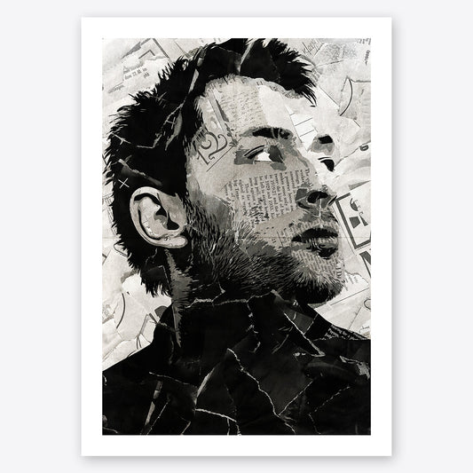 A digital collage portrait of Thom Yorke of Radiohead created using ripped up magazines and newspaper. An archival standard quality print from The Building House.