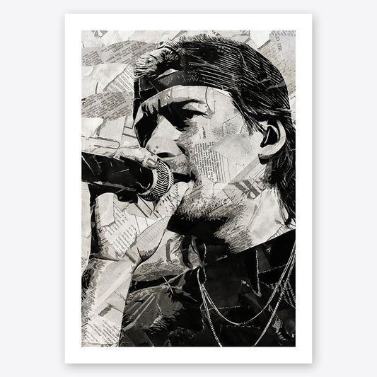 A digital collage portrait of Morgan Wallen created using ripped up magazines and newspaper. An archival standard quality print from The Building House.