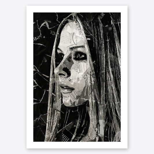 A digital collage portrait of Avril Lavigne created using ripped up magazines and newspaper. An archival standard quality print from The Building House.