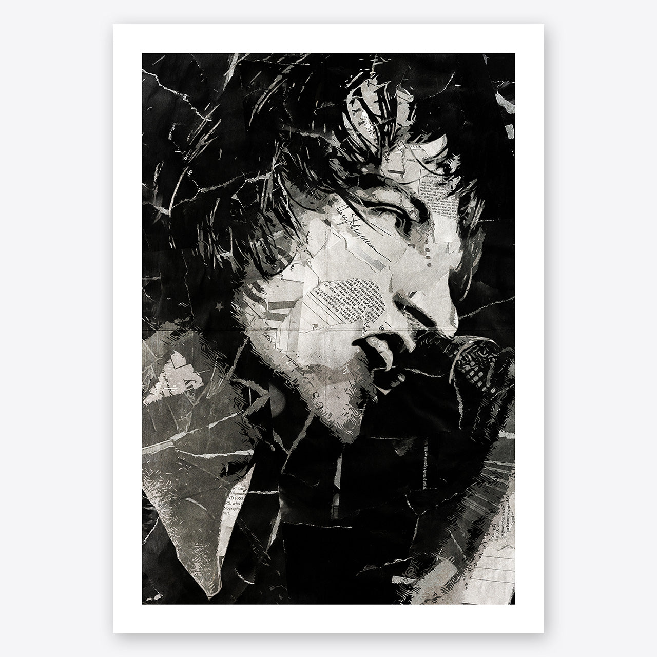 A digital collage portrait of Mark E Smith of The Fall created using ripped up magazines and newspaper. An archival standard quality print from The Building House.