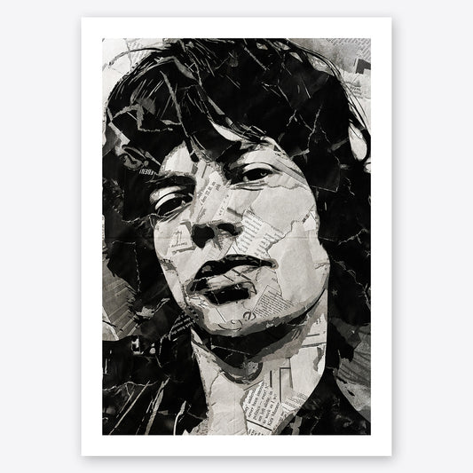 A digital collage portrait of Mick Jagger of the Rolling Stones created using ripped up magazines and newspaper. An archival standard quality print from The Building House.