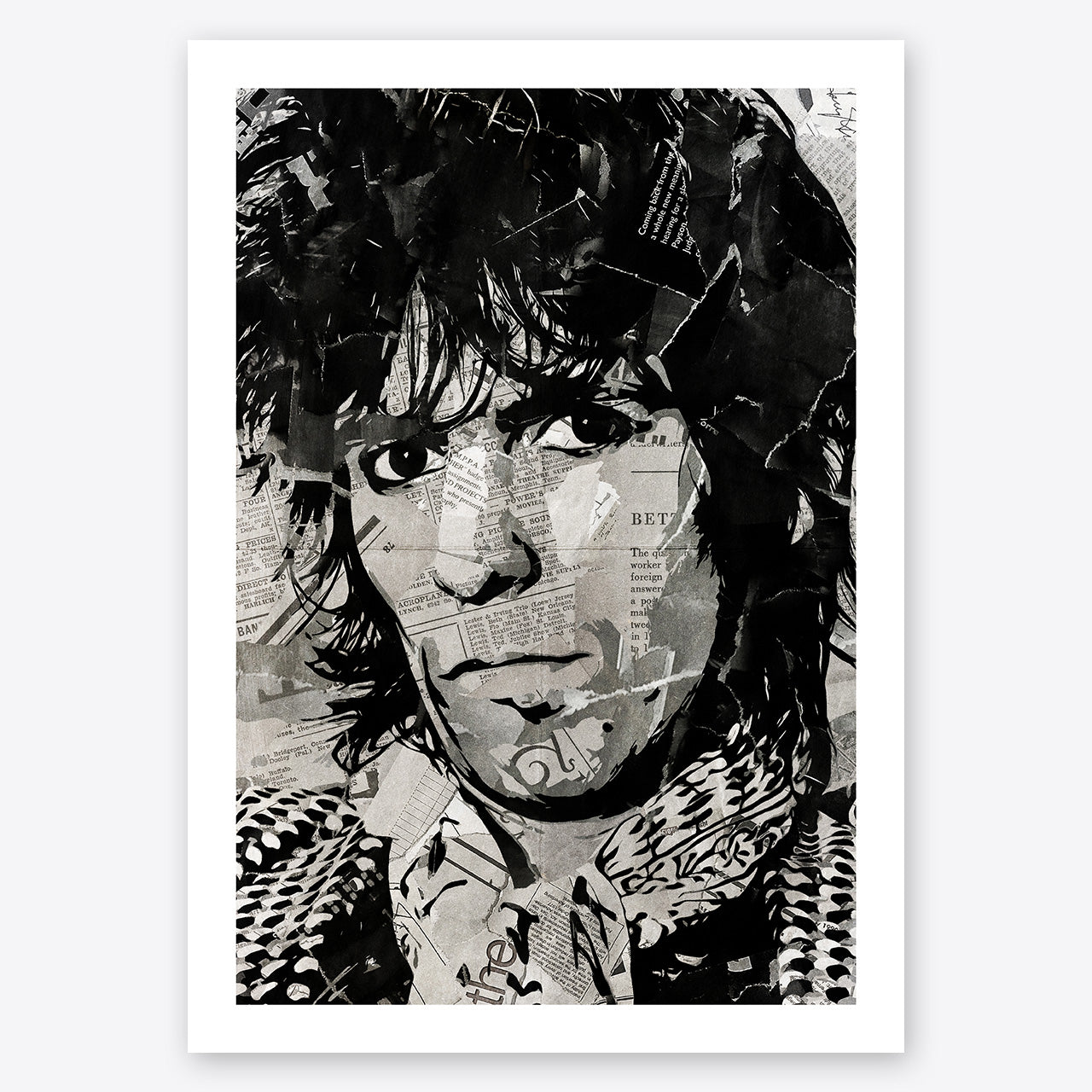 A digital collage portrait of Keith Richards of the Rolling Stones created using ripped up magazines and newspaper. An archival standard quality print from The Building House.