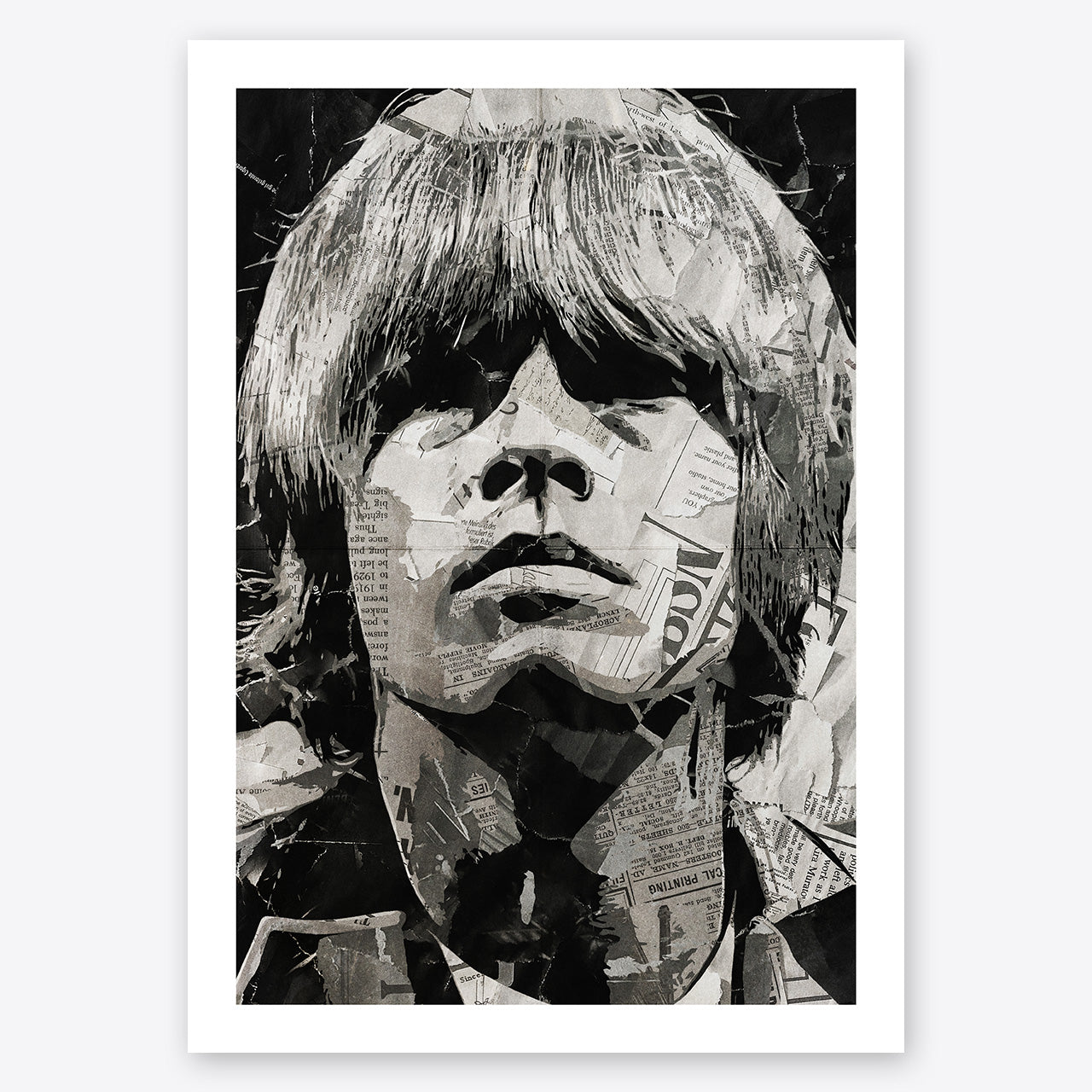 A digital collage portrait of Brian Jones of the Rolling Stones created using ripped up magazines and newspaper. An archival standard quality print from The Building House.