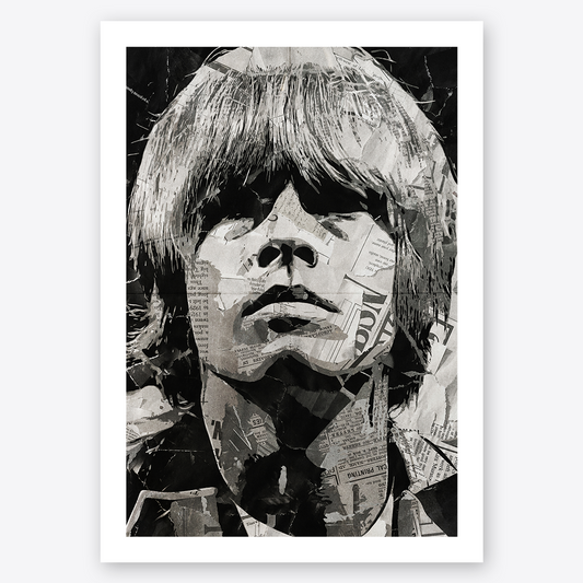 A Brian Jones (Rolling Stones) poster design - a portrait of Brian made using a collage of torn pieces of magazine pages in black and white.