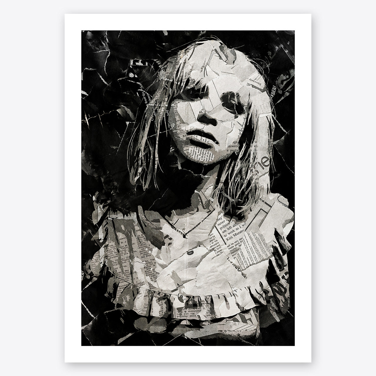 A digital collage portrait of Courtney Love of Hole created using ripped up magazines and newspaper. An archival standard quality print from The Building House.