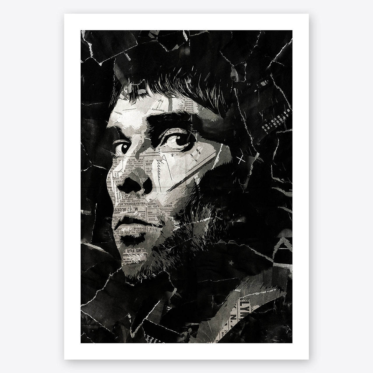 A digital collage portrait of Ian Brown of the Stone Roses created using ripped up magazines and newspaper. An archival standard quality print from The Building House.