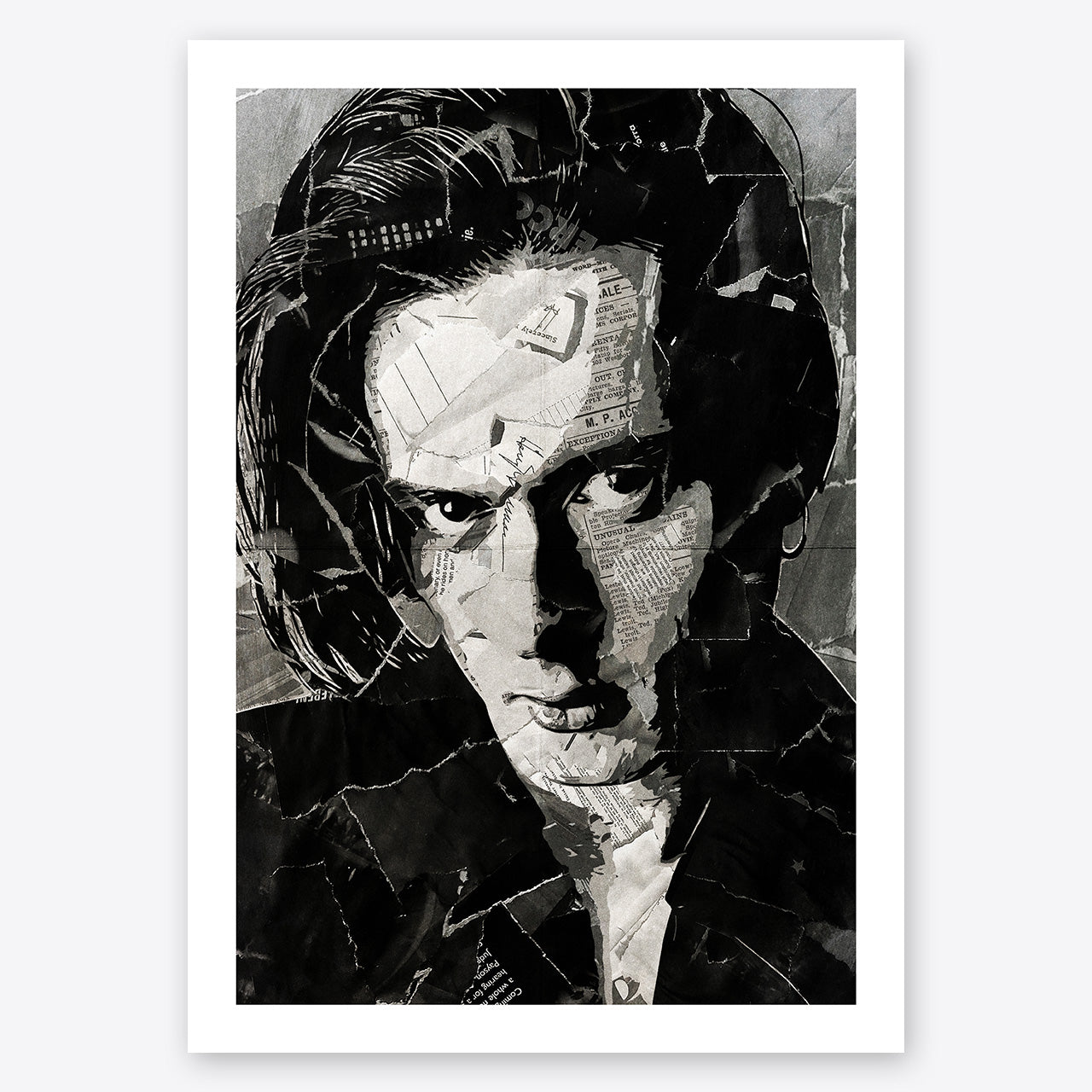 A digital collage portrait of Brett Anderson of Suede created using ripped up magazines and newspaper. An archival standard quality print from The Building House.