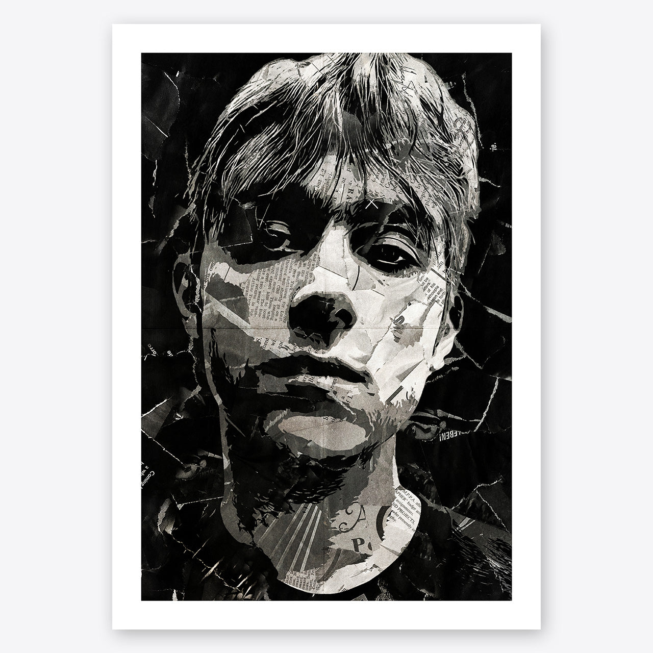 A digital collage portrait of Damon Albarn of Blur and Gorillaz created using ripped up magazines and newspaper. An archival standard quality print from The Building House.