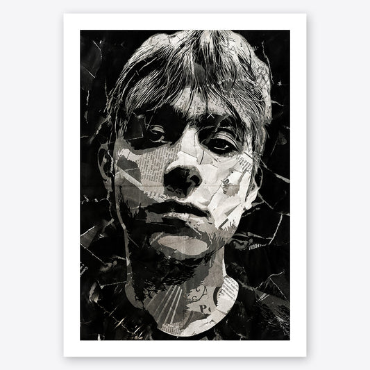 A digital collage portrait of Damon Albarn of Blur and Gorillaz created using ripped up magazines and newspaper. An archival standard quality print from The Building House.