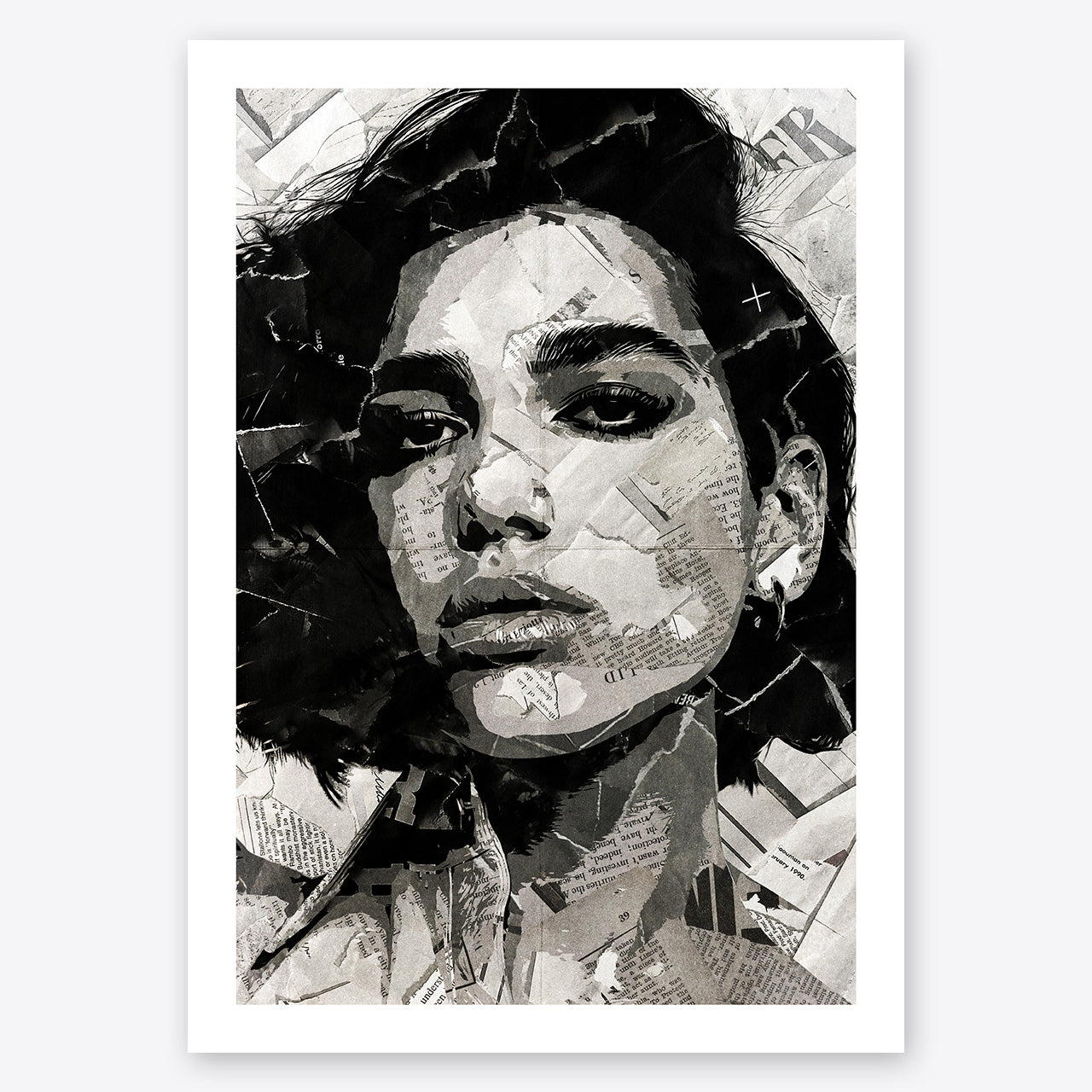 A digital collage portrait of Dua Lipa created using ripped up magazines and newspaper. An archival standard quality print from The Building House.