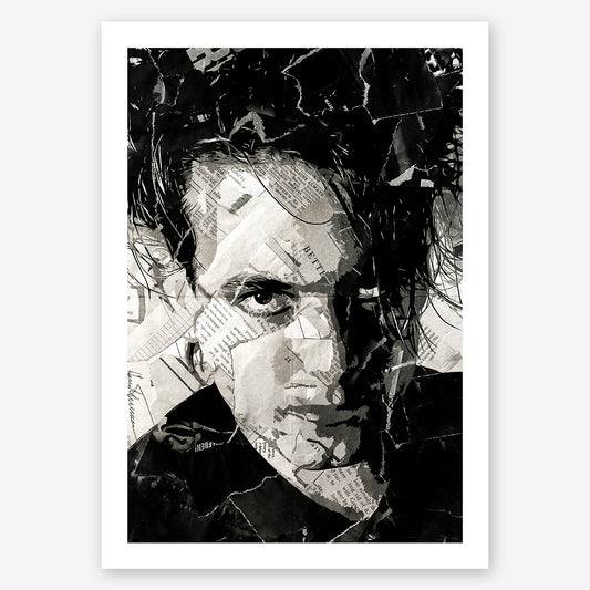 A digital collage portrait of Robert Smith of The Cure created using ripped up magazines and newspaper. An archival standard quality print from The Building House.