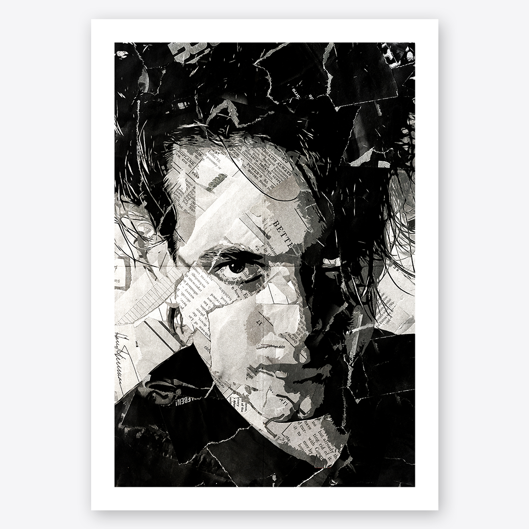 A Robert Smith poster design - a portrait of a Robert made using a collage of torn pieces of magazine pages in black and white.