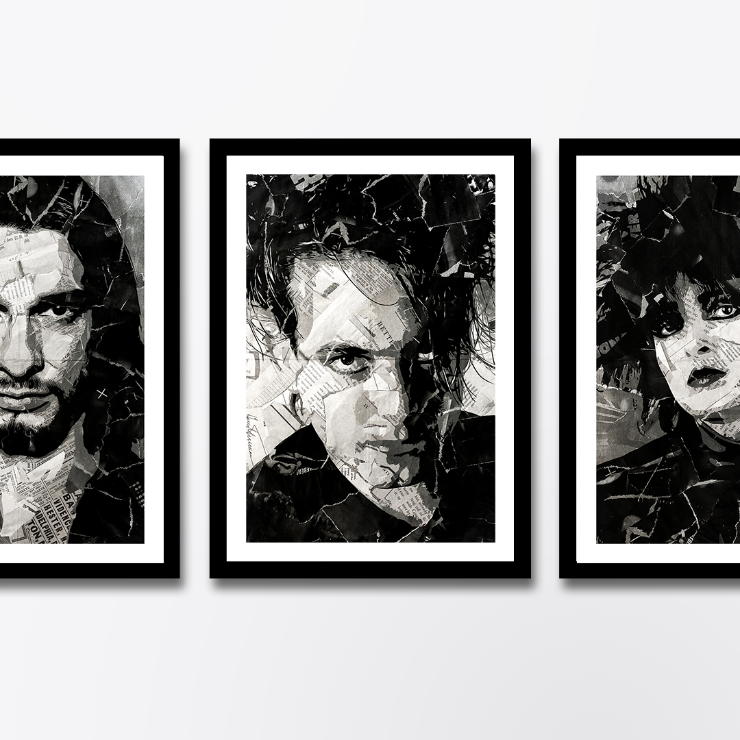 A Robert Smith poster design - a portrait of a Robert made using a collage of torn pieces of magazine pages in black and white.