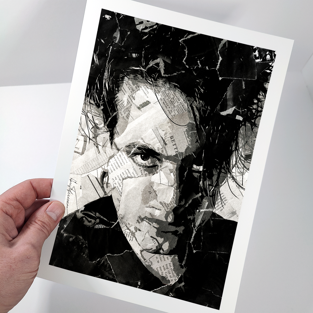 A Robert Smith poster design - a portrait of a Robert made using a collage of torn pieces of magazine pages in black and white.