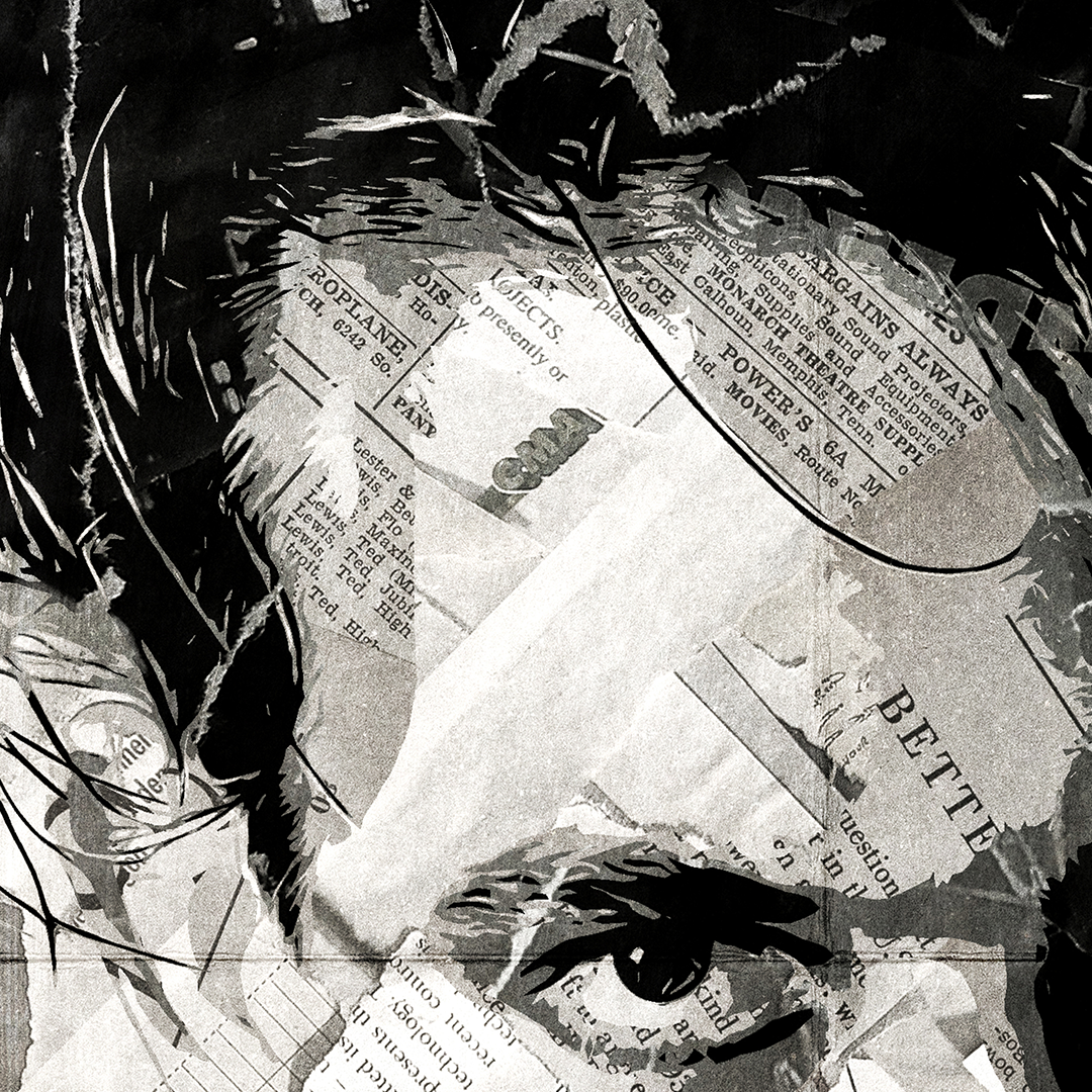 A Robert Smith poster design - a portrait of a Robert made using a collage of torn pieces of magazine pages in black and white.