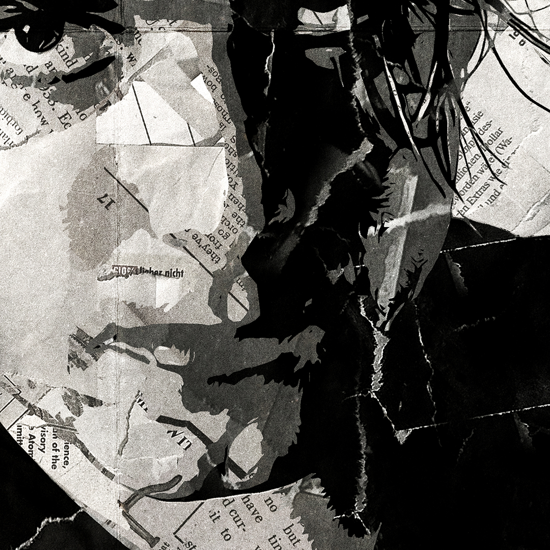 A Robert Smith poster design - a portrait of a Robert made using a collage of torn pieces of magazine pages in black and white.