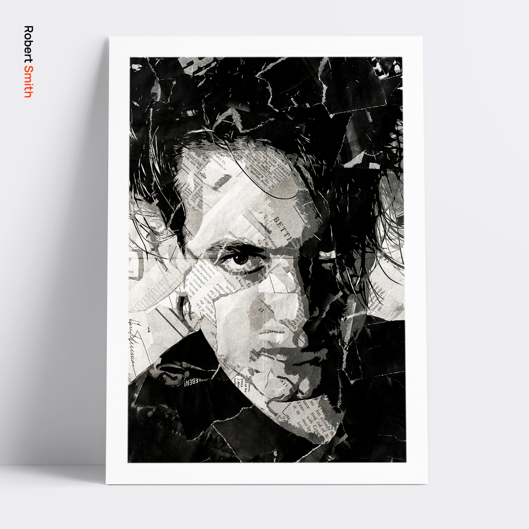 A Robert Smith poster design - a portrait of a Robert made using a collage of torn pieces of magazine pages in black and white.
