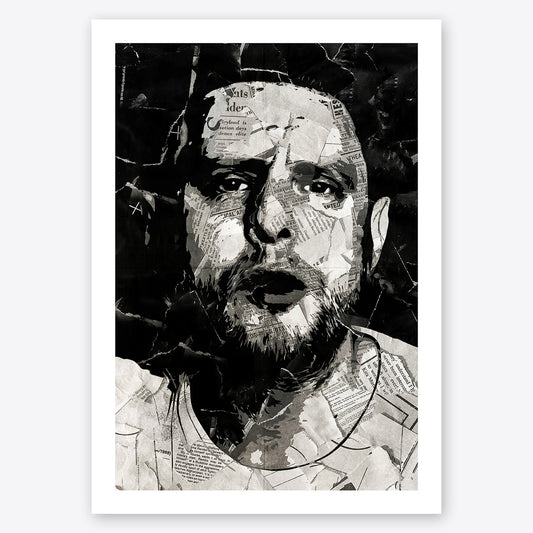 A digital collage portrait of Shaun Ryder of Happy Mondays created using ripped up magazines and newspaper. An archival standard quality print from The Building House.