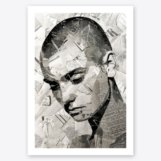 A digital collage portrait of Sinead O'Connor created using ripped up magazines and newspaper. An archival standard quality print from The Building House.