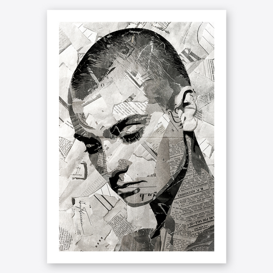 A Sinéad O’Connor poster design - a portrait of Sinéad made using a collage of torn pieces of magazine pages in black and white.