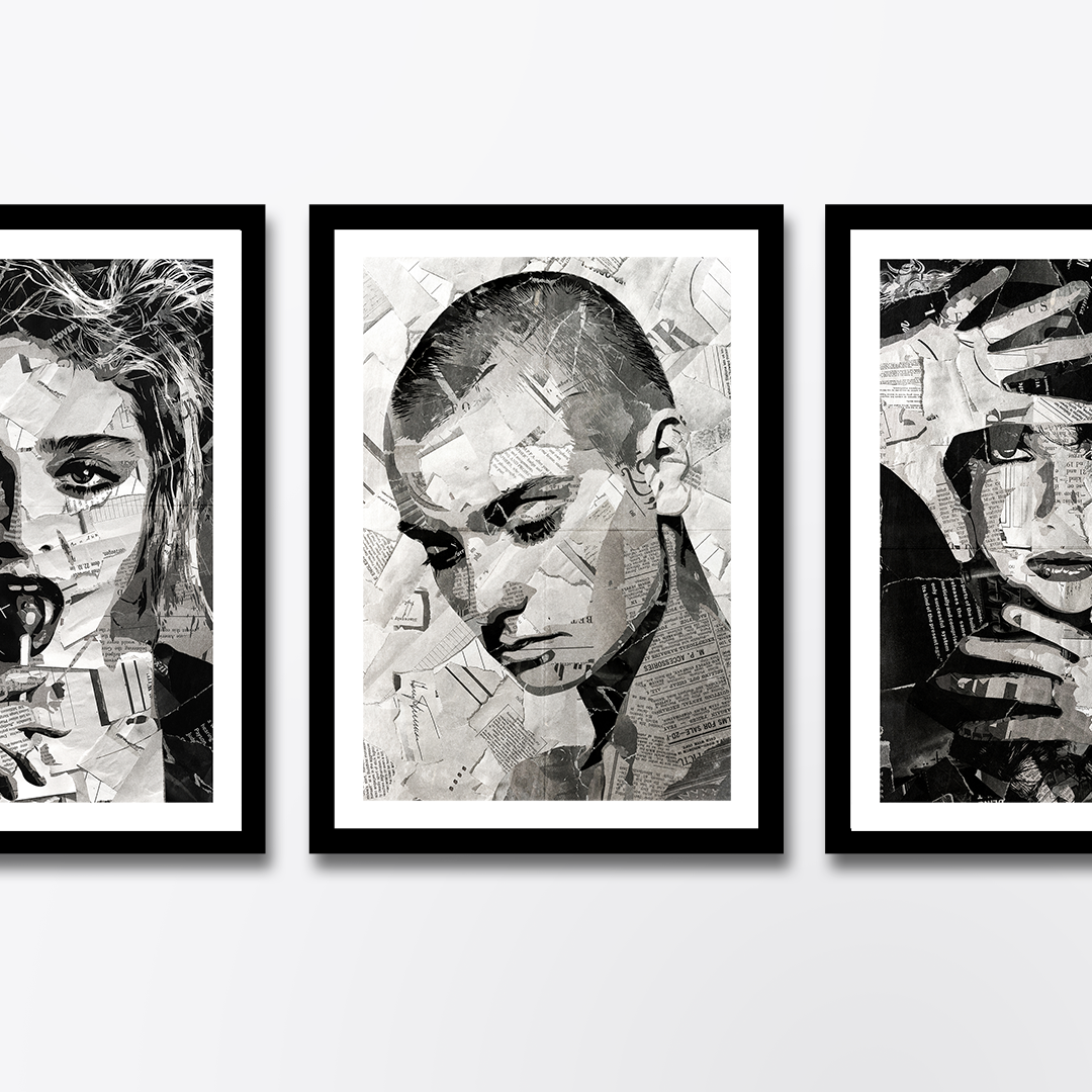 A Sinéad O’Connor poster design - a portrait of Sinéad made using a collage of torn pieces of magazine pages in black and white.