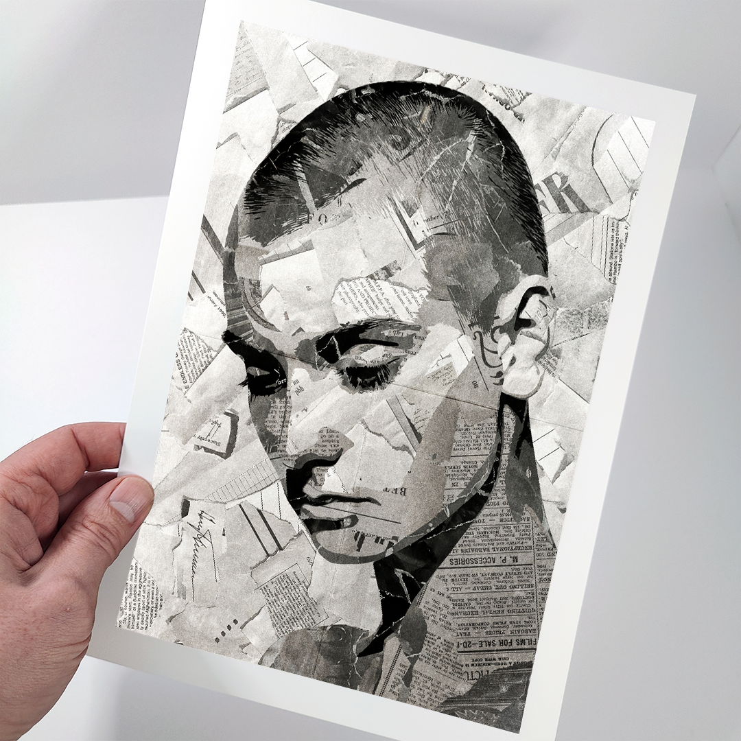 A Sinéad O’Connor poster design - a portrait of Sinéad made using a collage of torn pieces of magazine pages in black and white.