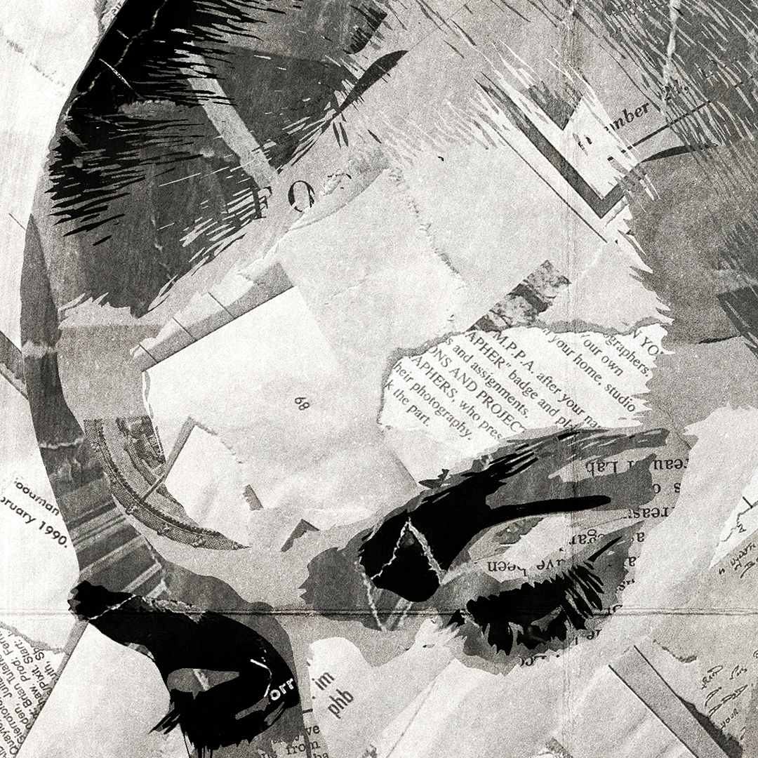 A Sinéad O’Connor poster design - a portrait of Sinéad made using a collage of torn pieces of magazine pages in black and white.