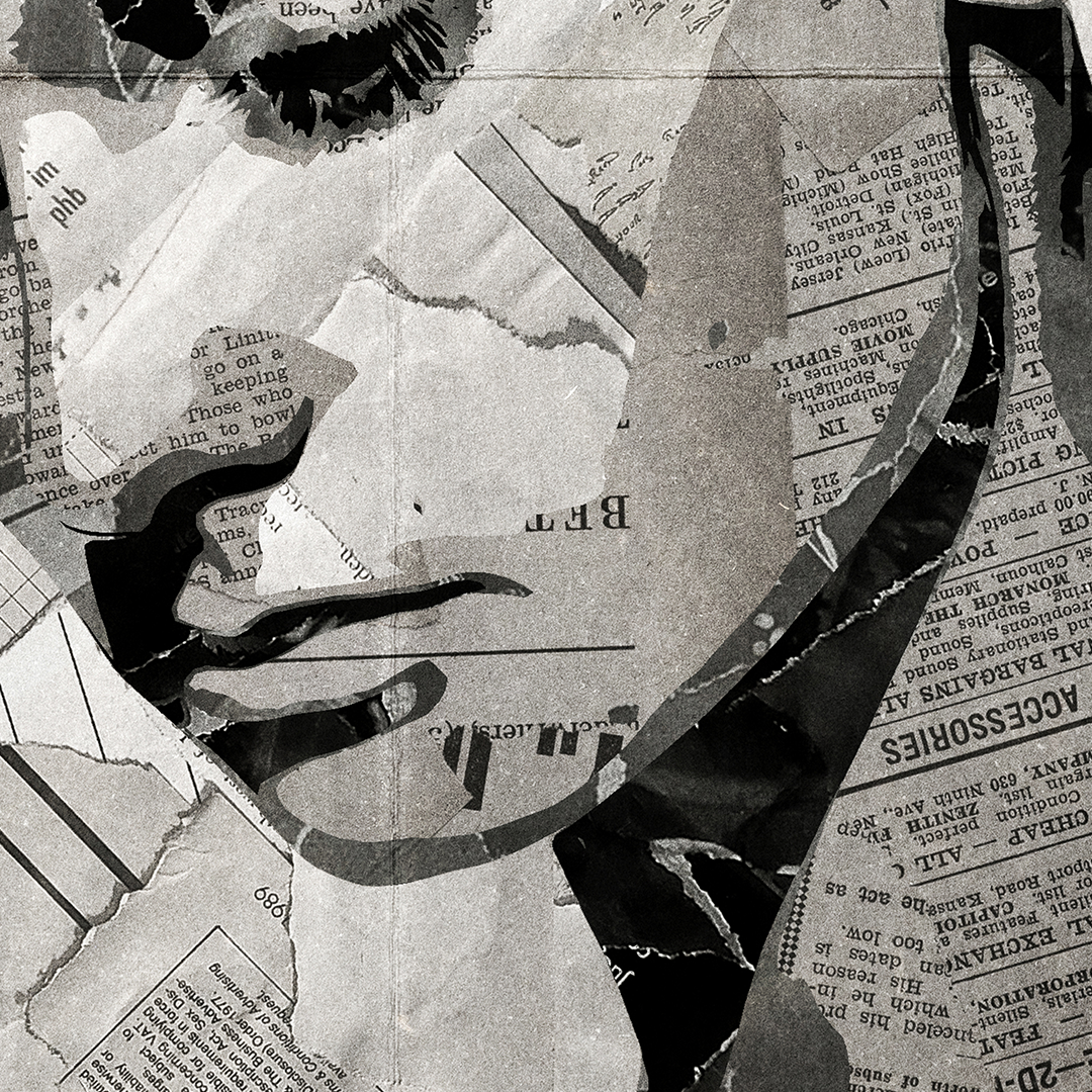 A Sinéad O’Connor poster design - a portrait of Sinéad made using a collage of torn pieces of magazine pages in black and white.