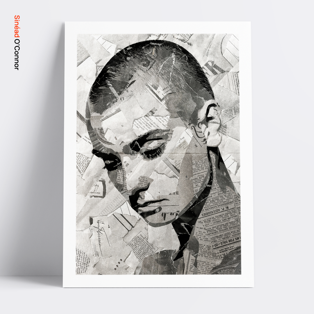A Sinéad O’Connor poster design - a portrait of Sinéad made using a collage of torn pieces of magazine pages in black and white.
