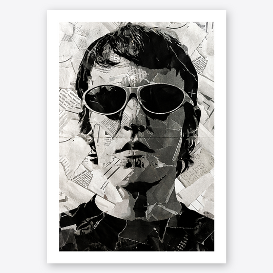 An Elliott Smith poster design - a portrait of Elliott made using a collage of torn pieces of magazine pages in black and white.
