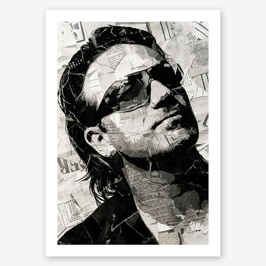 A digital collage portrait of Bono of U2 created using ripped up magazines and newspaper. An archival standard quality print from The Building House.