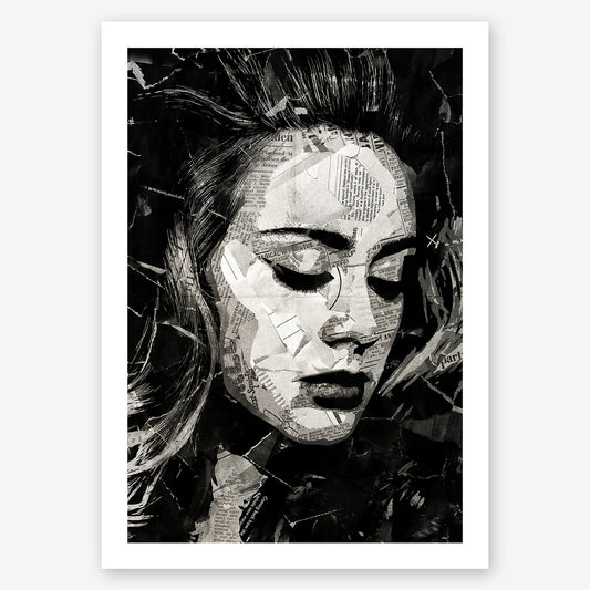 A digital collage portrait of Adele created using ripped up magazines and newspaper. An archival standard quality print from The Building House.