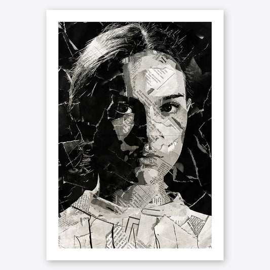 A digital collage portrait of Padmé Amidala played by Natalie Portman in the Star Wars movies created using ripped up magazines and newspaper. An archival standard quality print from The Building House.