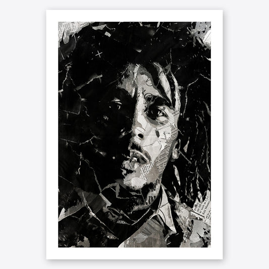 A digital collage portrait of Bob Marley created using ripped up magazines and newspaper. An archival standard quality print from The Building House.